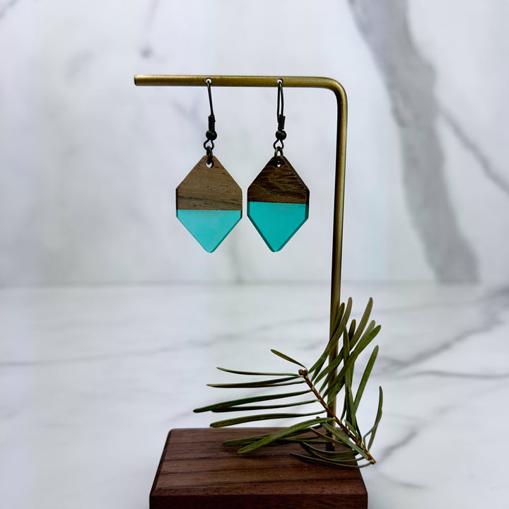 Hexagon Wood + Resin Earrings | Sea Glass Colored Tahoe Blue