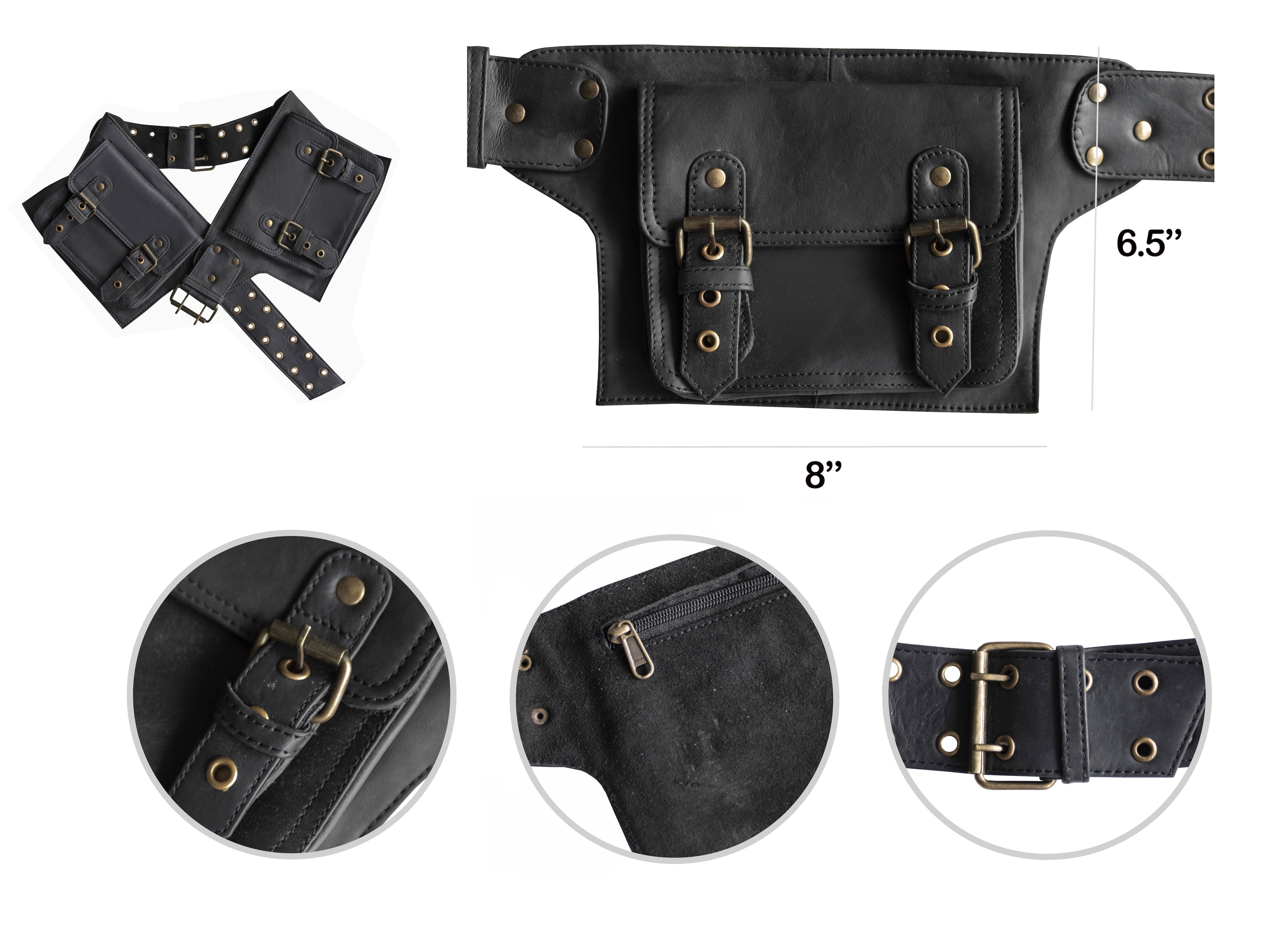 Leather Utility Belt | Black Adjustable, 4 Pocket | Saddle | travel, cosplay, festival - Manifestie