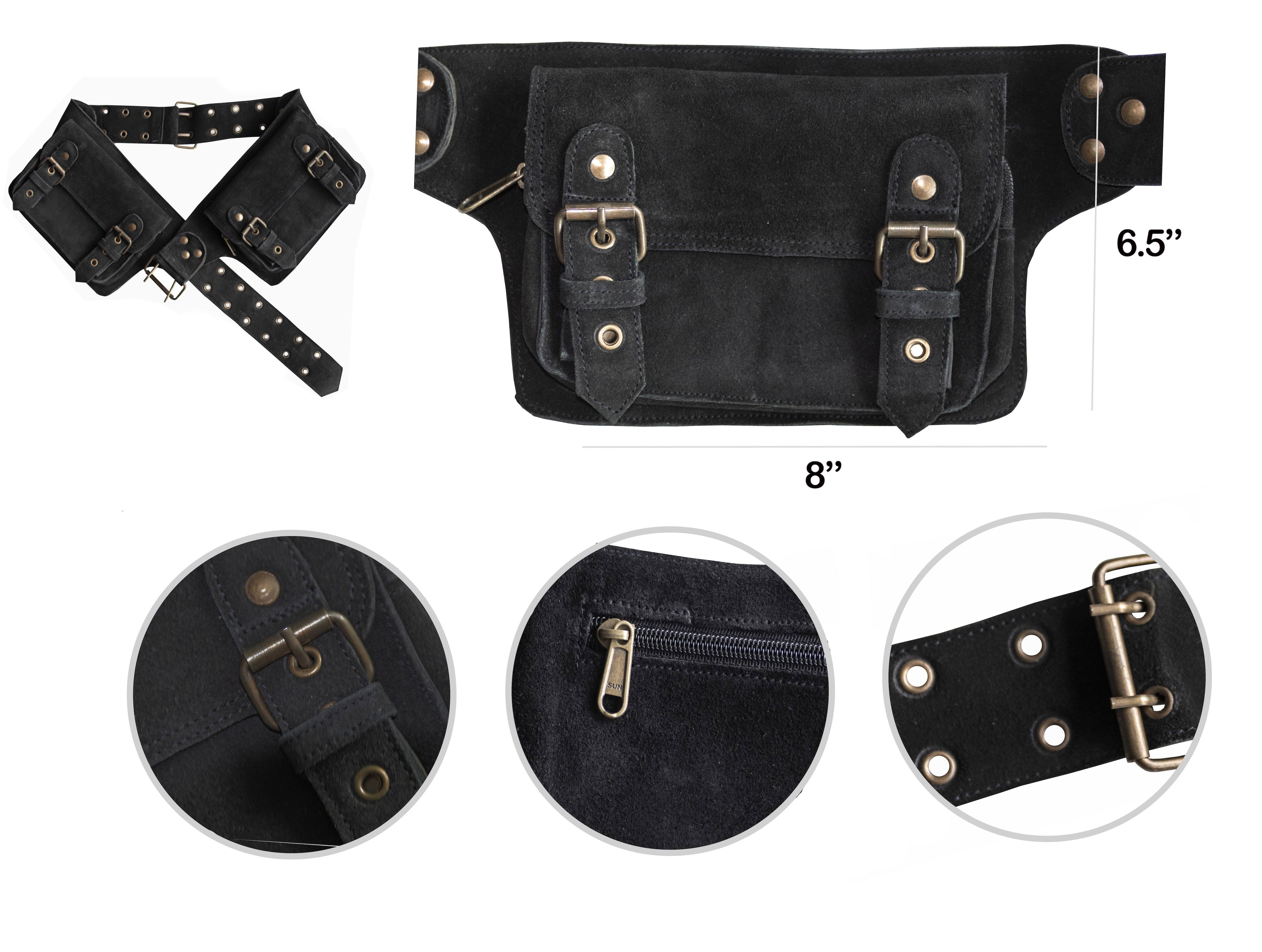 Leather Utility Belt | Black Suede Adjustable, 4 Pocket | Saddle | travel, cosplay, festival - Manifestie
