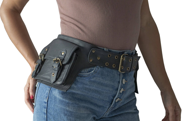 Leather Utility Belt | Black Adjustable, 4 Pocket | Saddle | travel, cosplay, festival - Manifestie