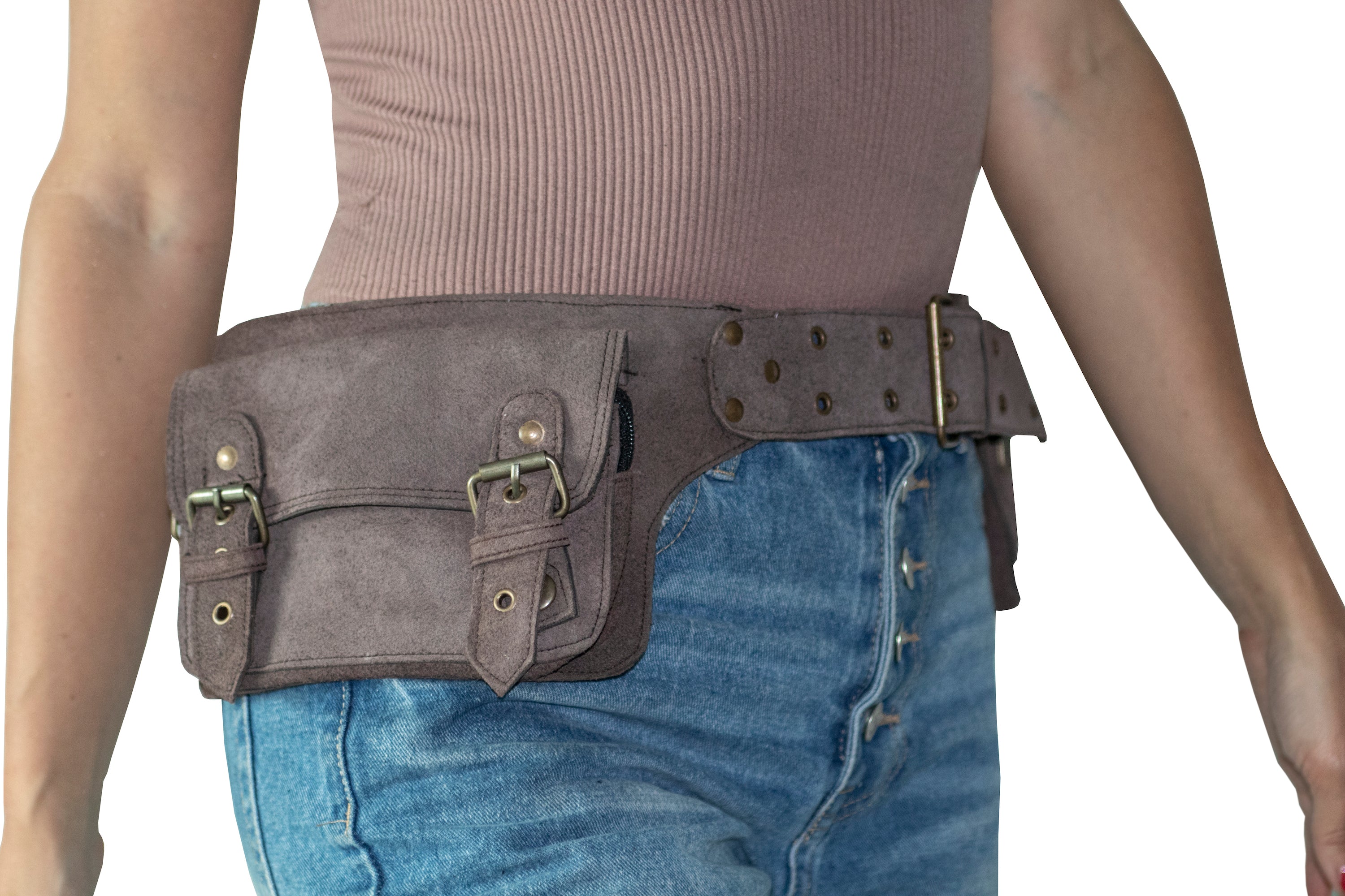 Leather Utility Pocket Belt | Suede Adjustable, 4 Pocket | Saddle | travel, cosplay, festival