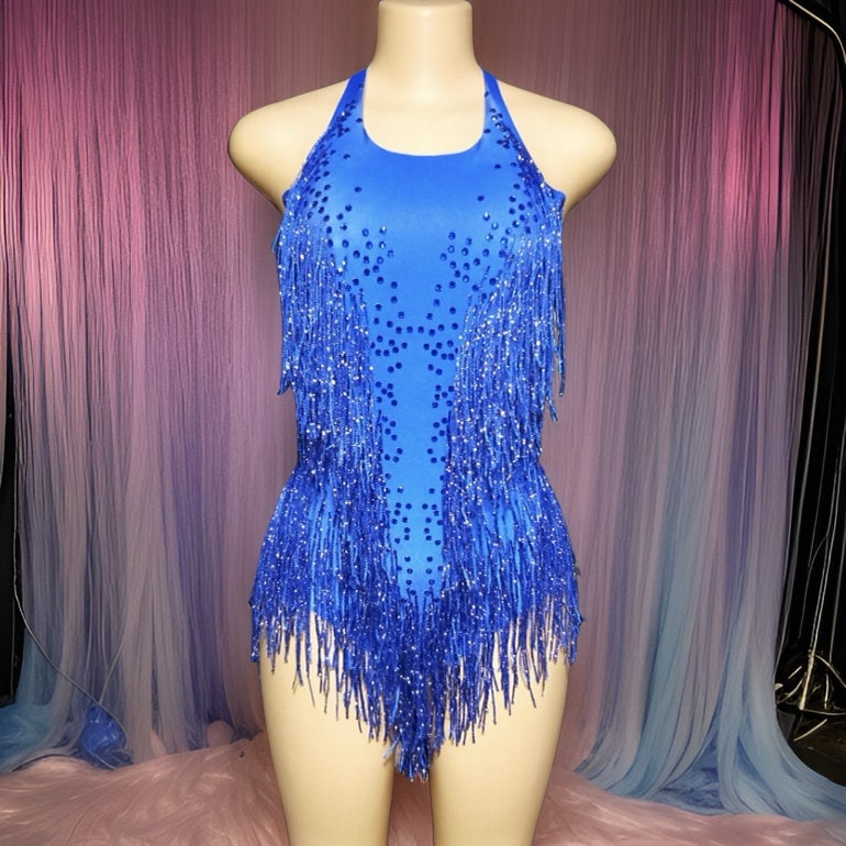 Taylor royal blue rhinestone bodysuit with tassel fringe — festival stage leotard by Manifestie