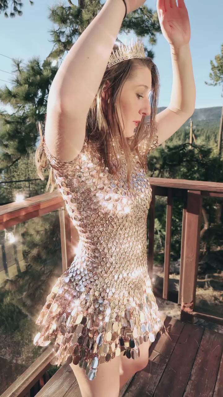 Helen Rose Gold Party Dress - Sequin Bodysuit / Womens Burning Man Outfit NYE Performance Sparkle Club Festival / Metallic Rave Seashells