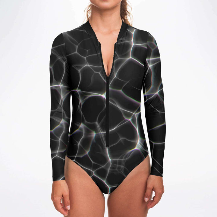 Black Water Long Sleeve Swimsuit | Full Piece Bodysuit | Front Zipper Bathing Suit | 50+ UPF Protection, UV Swimwear