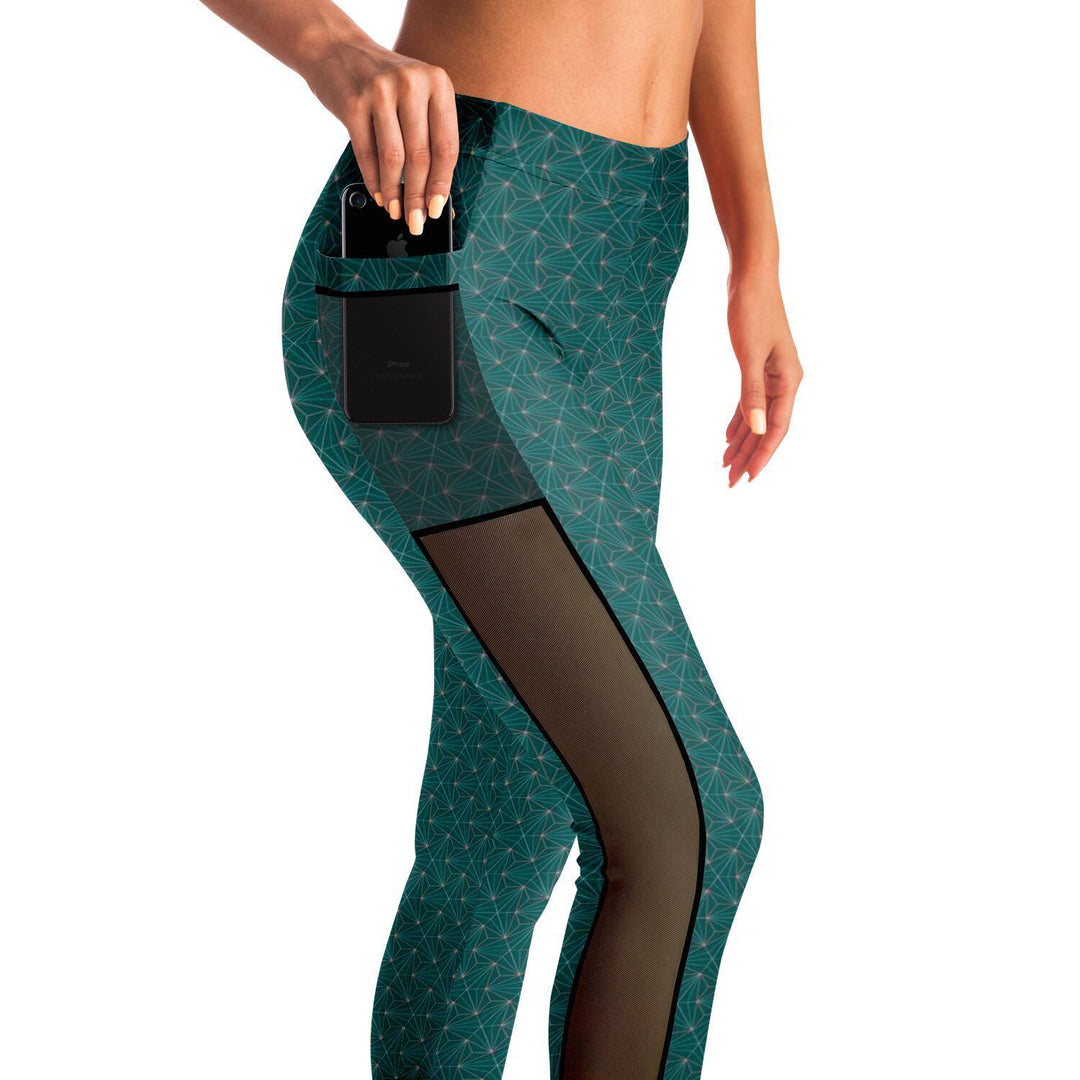 TURQUOISE SACRED CONNECTIONS PREMIUM MESH POCKET YOGA LEGGINGS - Manifestie