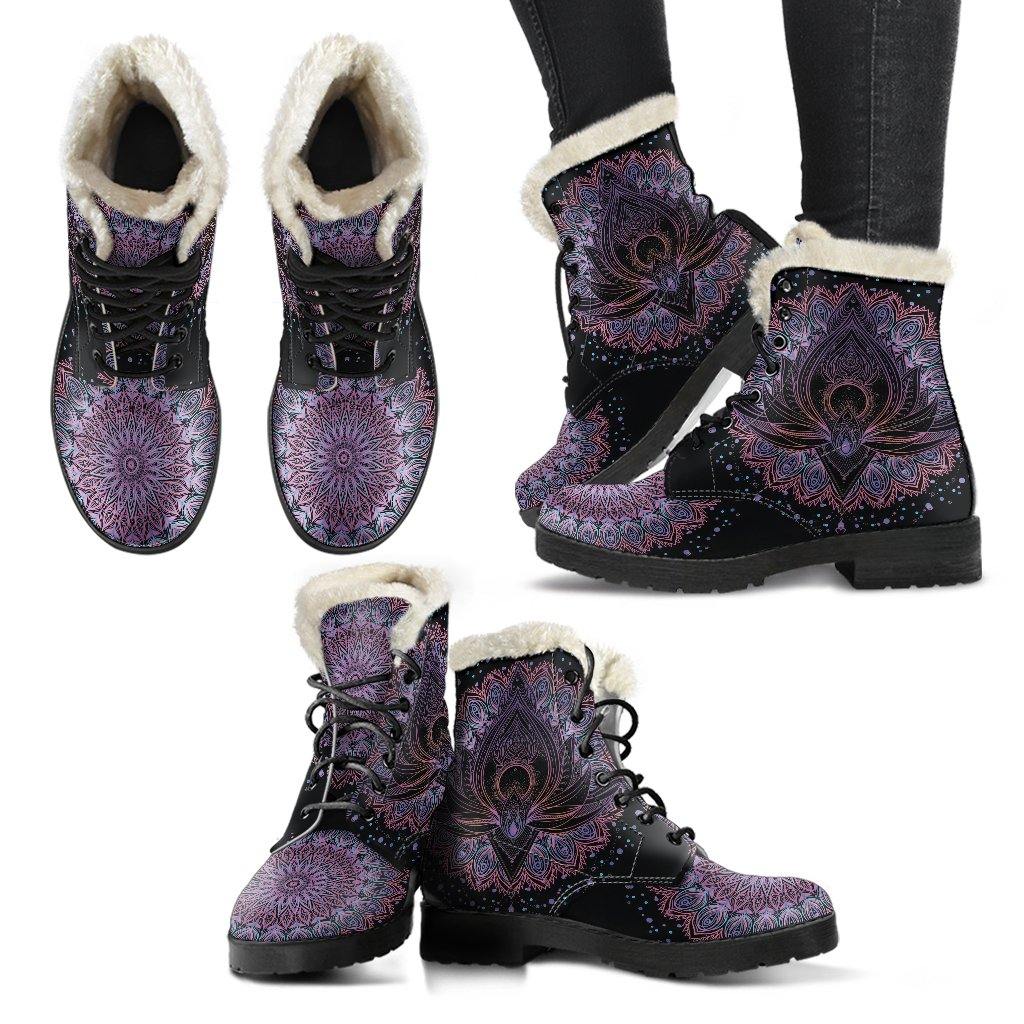 Deep Purple Lotus Vegan Leather Boots With Faux Fur Lining - Manifestie