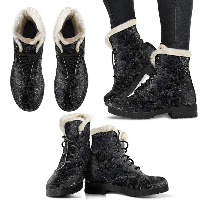 Black Roses Dew Drops Vegan Leather Boots with Faux Fur Lining - Manifestie