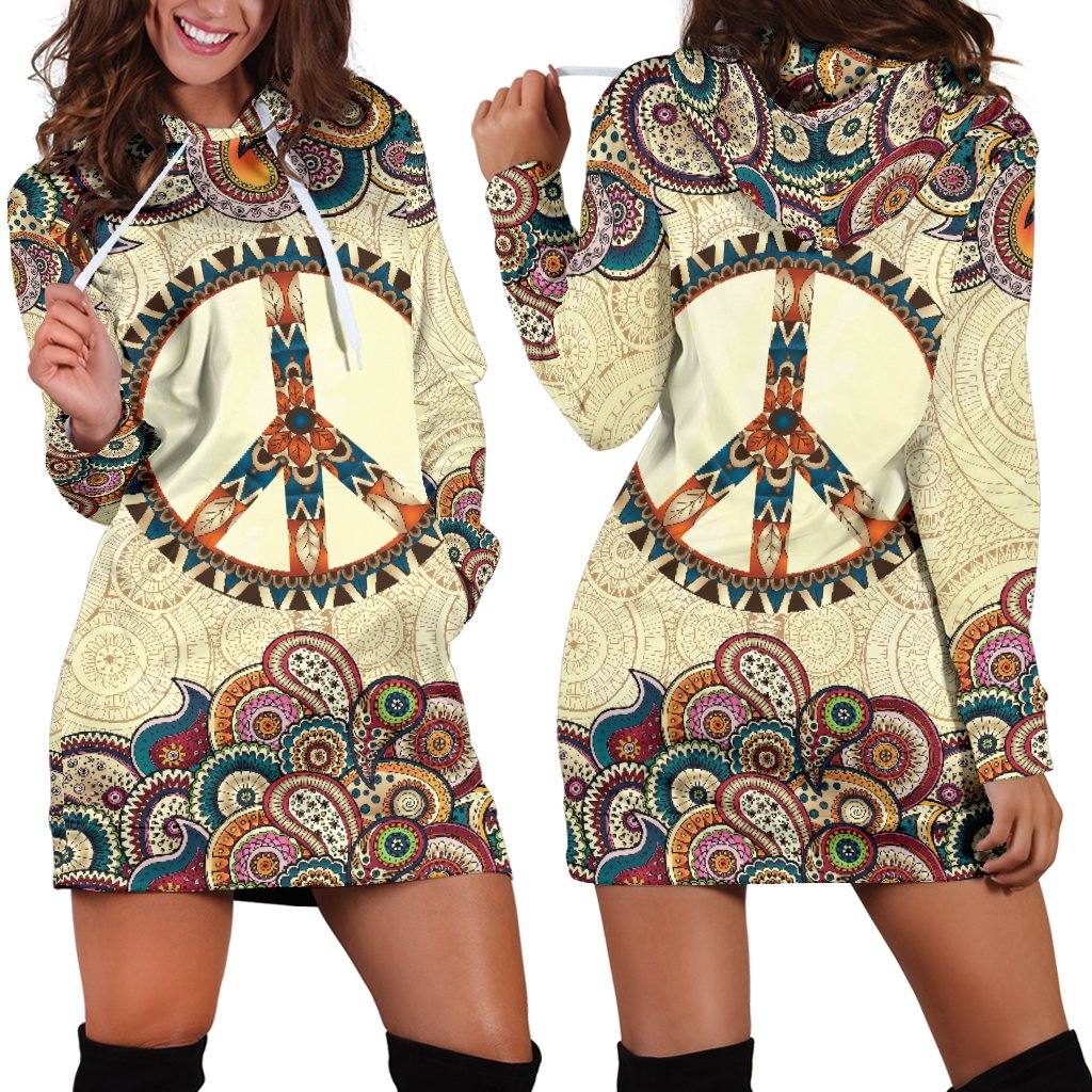 Peace and Mandala Hoodie Dress | Longline Hoodie Sweatshirt - Manifestie