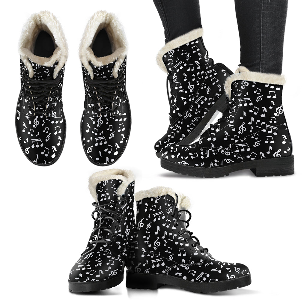 Black Music Notes Vegan Leather Boots with Faux Fur Lining
