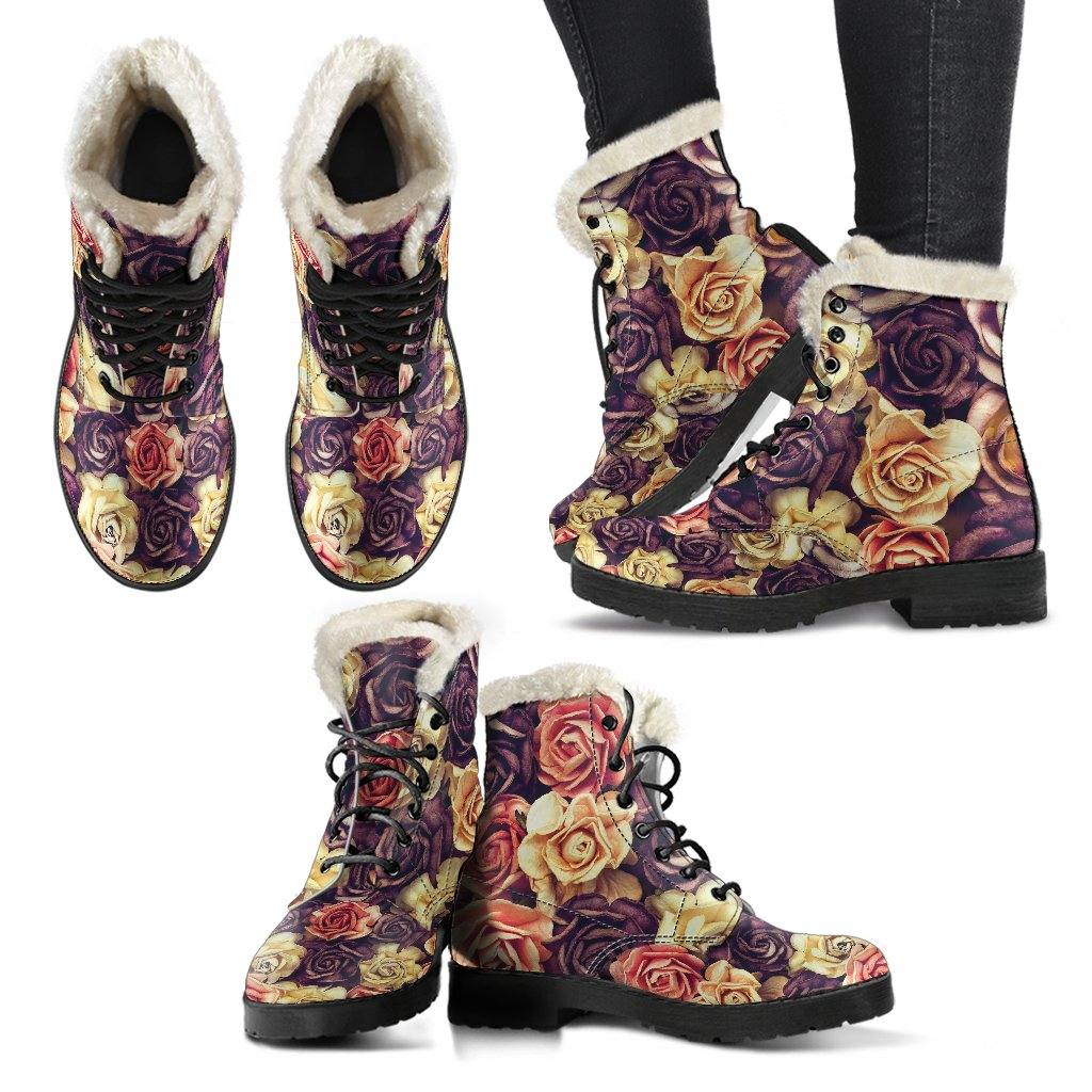 Vintage Dried Roses Vegan Leather Boots with Faux Fur Lining - Manifestie