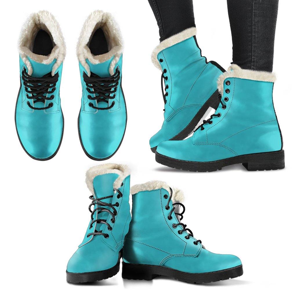 Turquoise Vegan Leather Boots with Faux Fur Lining - Manifestie
