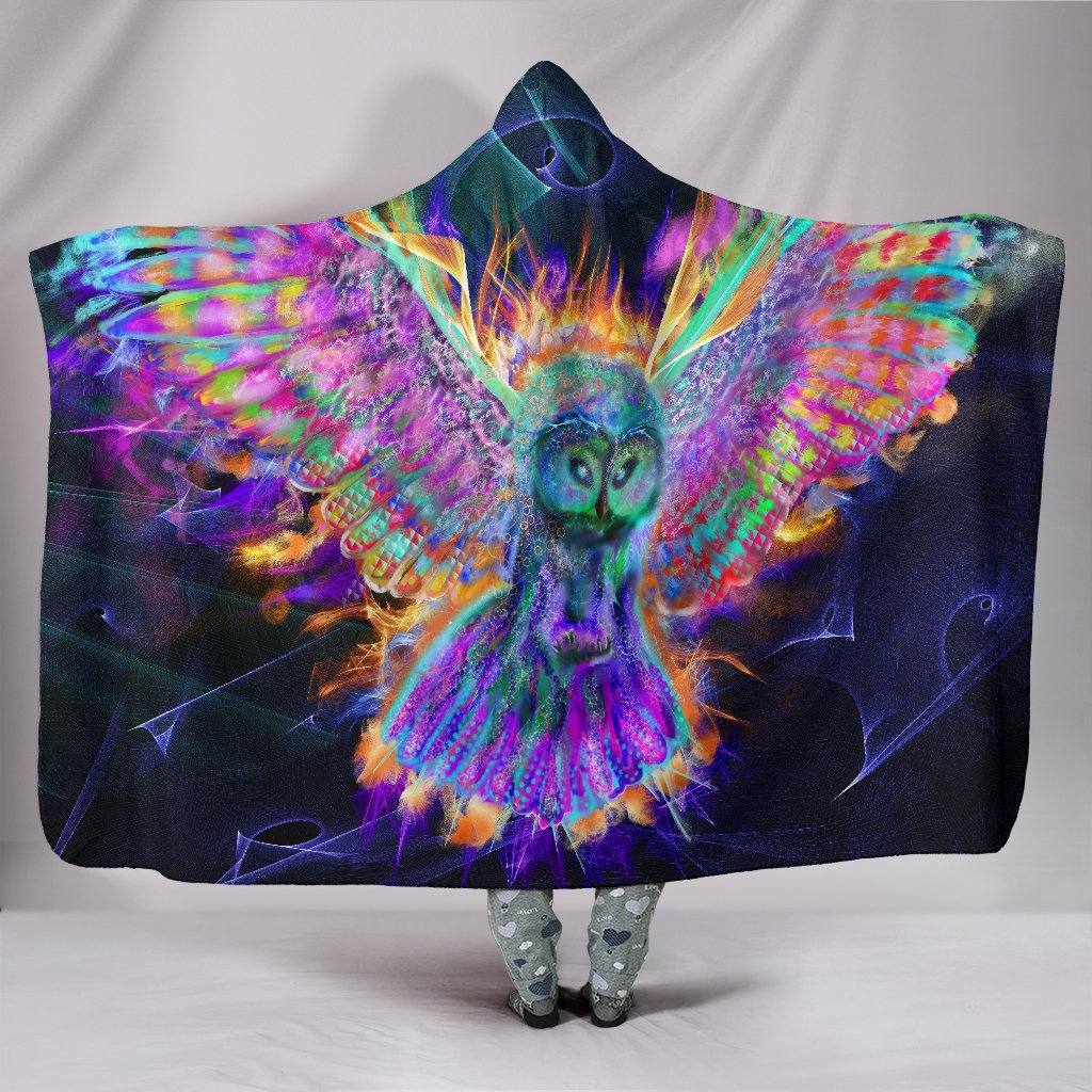 Electric Owl Hooded Blanket | Plush, Premium Sherpa | Kids, Adult | Rainbow - Manifestie