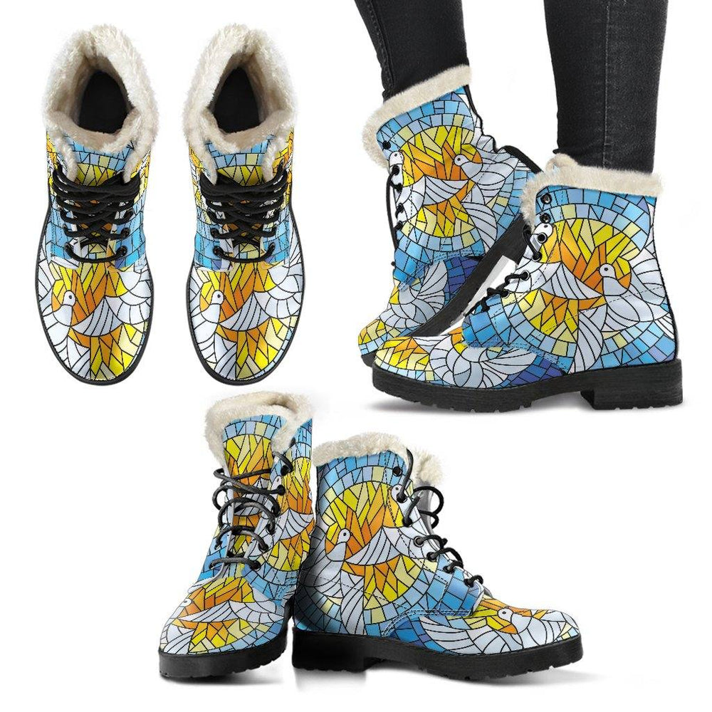Mosaic Dove and Sun Vegan Leather Boots with Faux Fur Lining - Manifestie