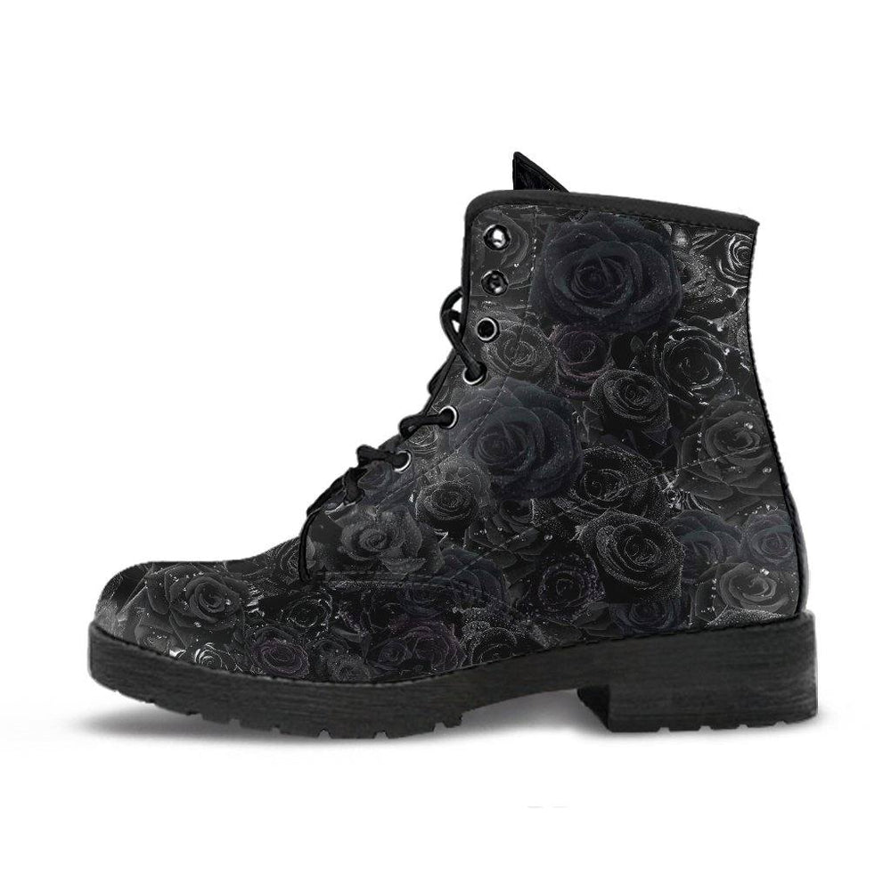 Black Roses Dew Drops Vegan Leather Boots - Manifestie