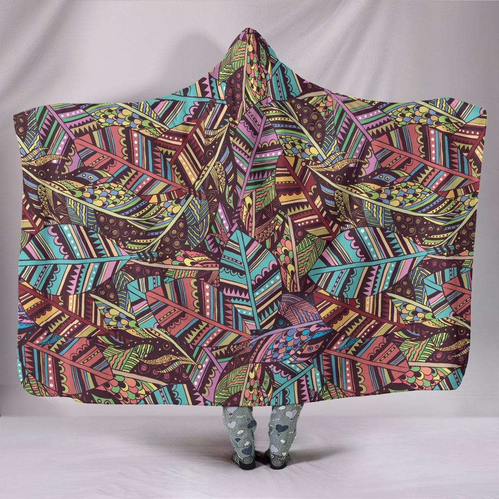 Bohemian Feathers Hooded Blanket | Plush, Premium Sherpa | Kids, Adult | Brown Blue - Manifestie