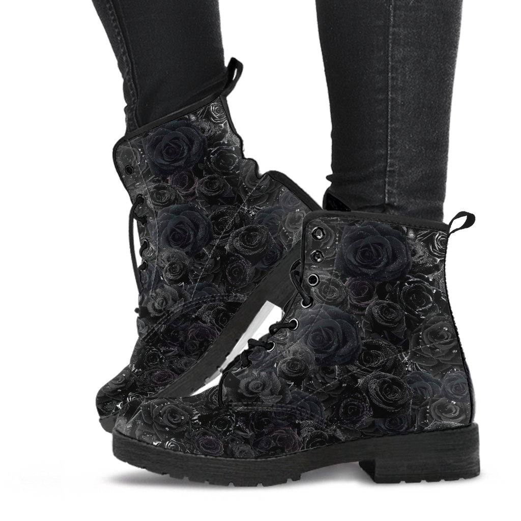 Black Roses Dew Drops Vegan Leather Boots - Manifestie