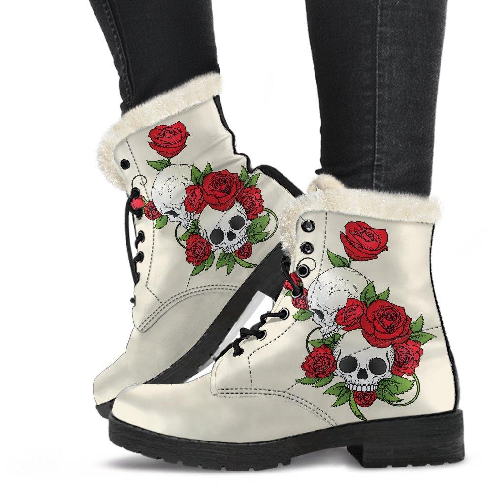 Sugar Skull Roses Vegan Leather Boots With Faux Fur Lining - Manifestie