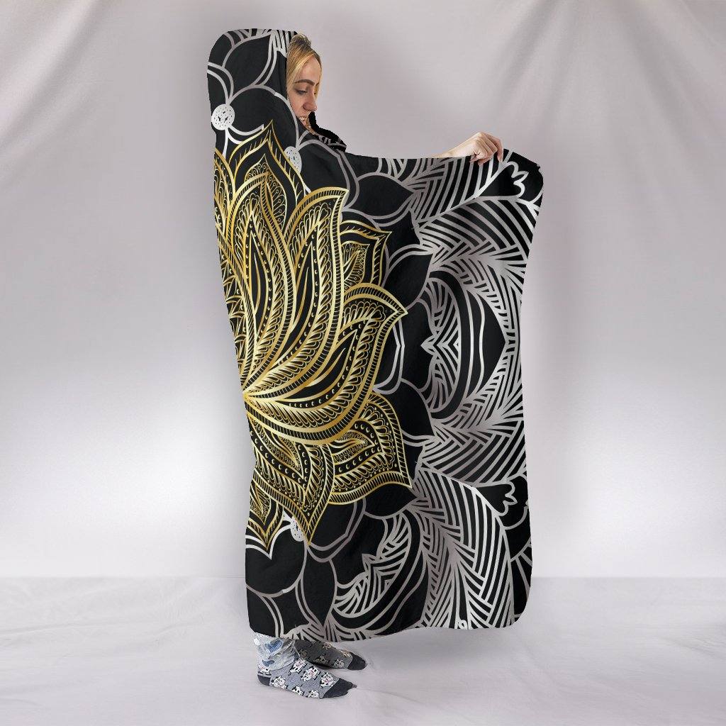 Golden Lotus Hooded Blanket | Plush, Premium Sherpa | Kids, Adult | Black - Manifestie