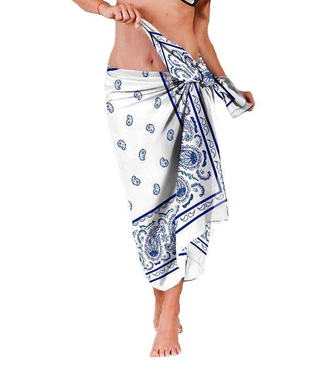 White with Blue Bandana Chiffon Beach Cover Up | Sarong | Pareo - Manifestie