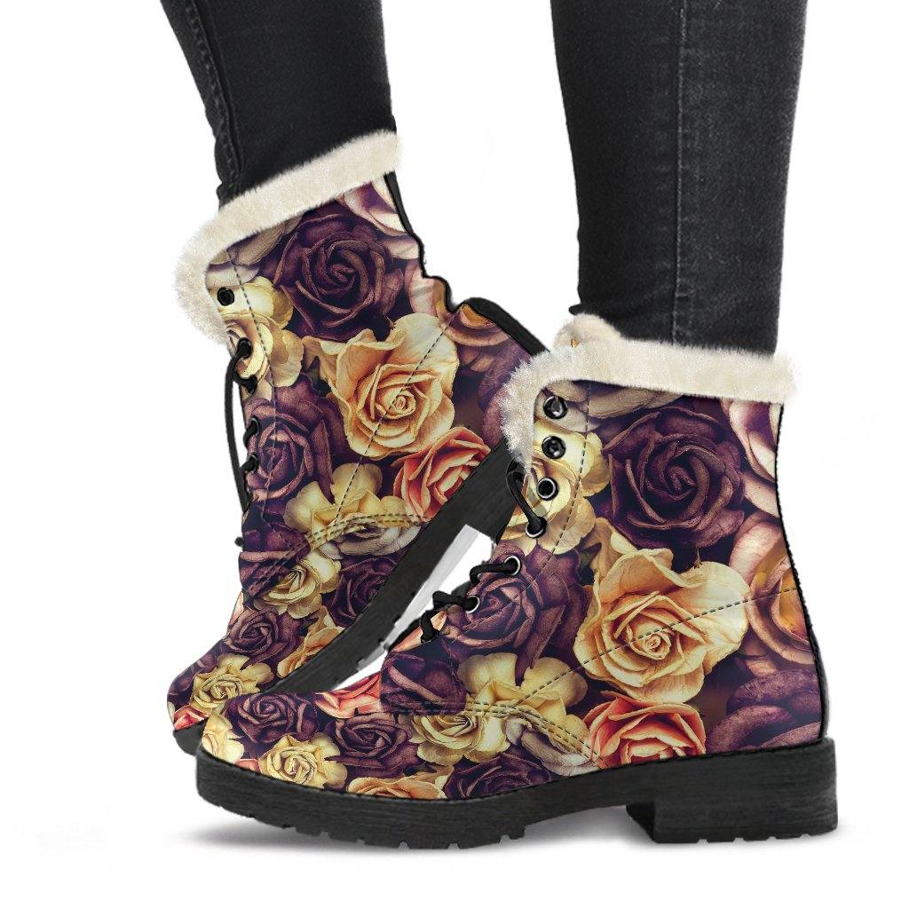 Vintage Dried Roses Vegan Leather Boots with Faux Fur Lining - Manifestie