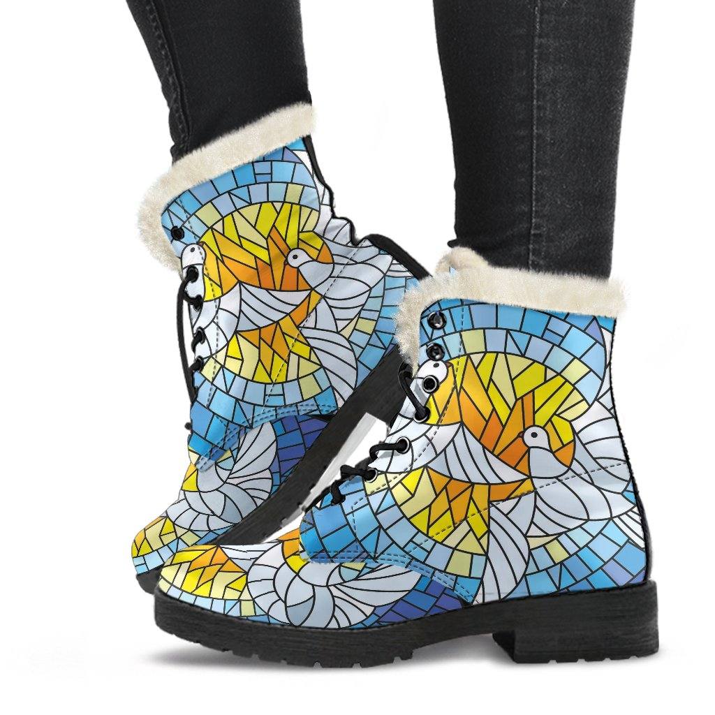 Mosaic Dove and Sun Vegan Leather Boots with Faux Fur Lining - Manifestie