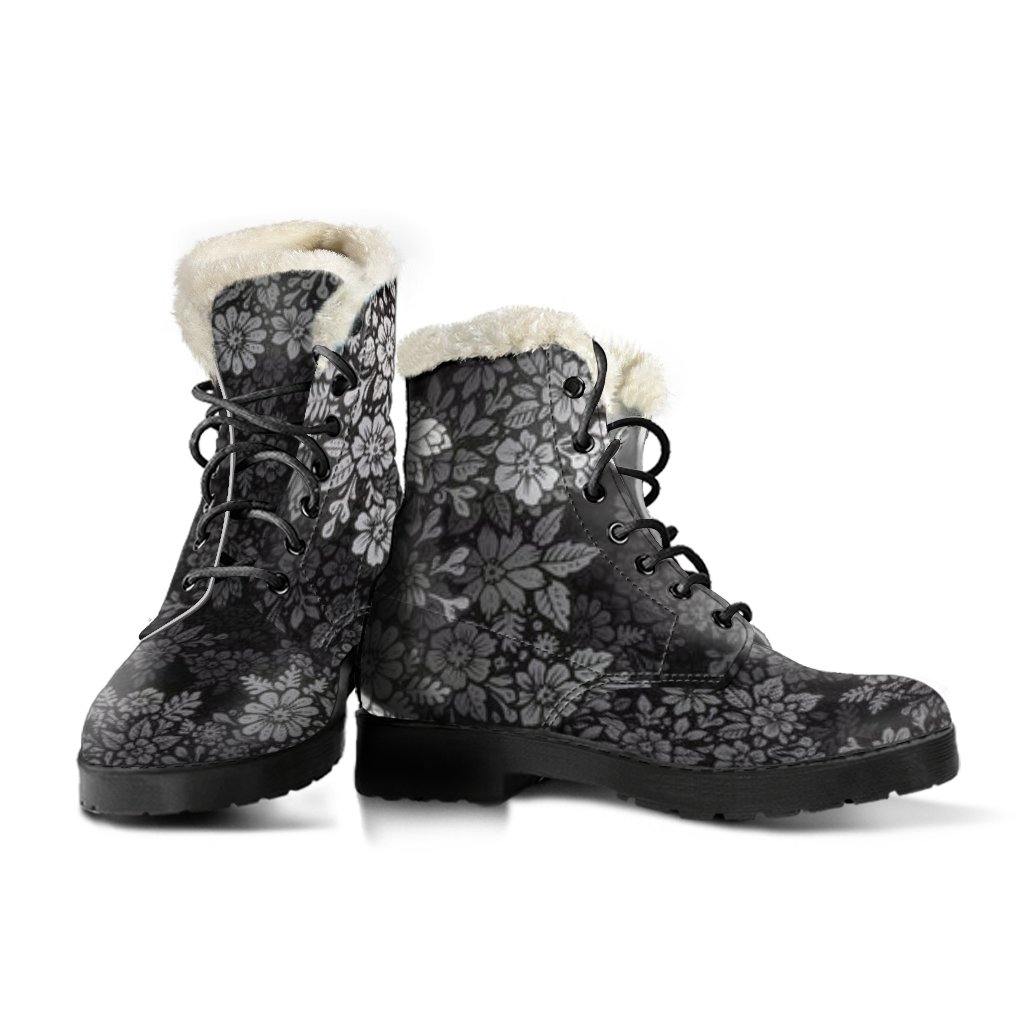 Black and White Blossoms VEGAN LEATHER BOOTS with FAUX FUR LINING - Manifestie