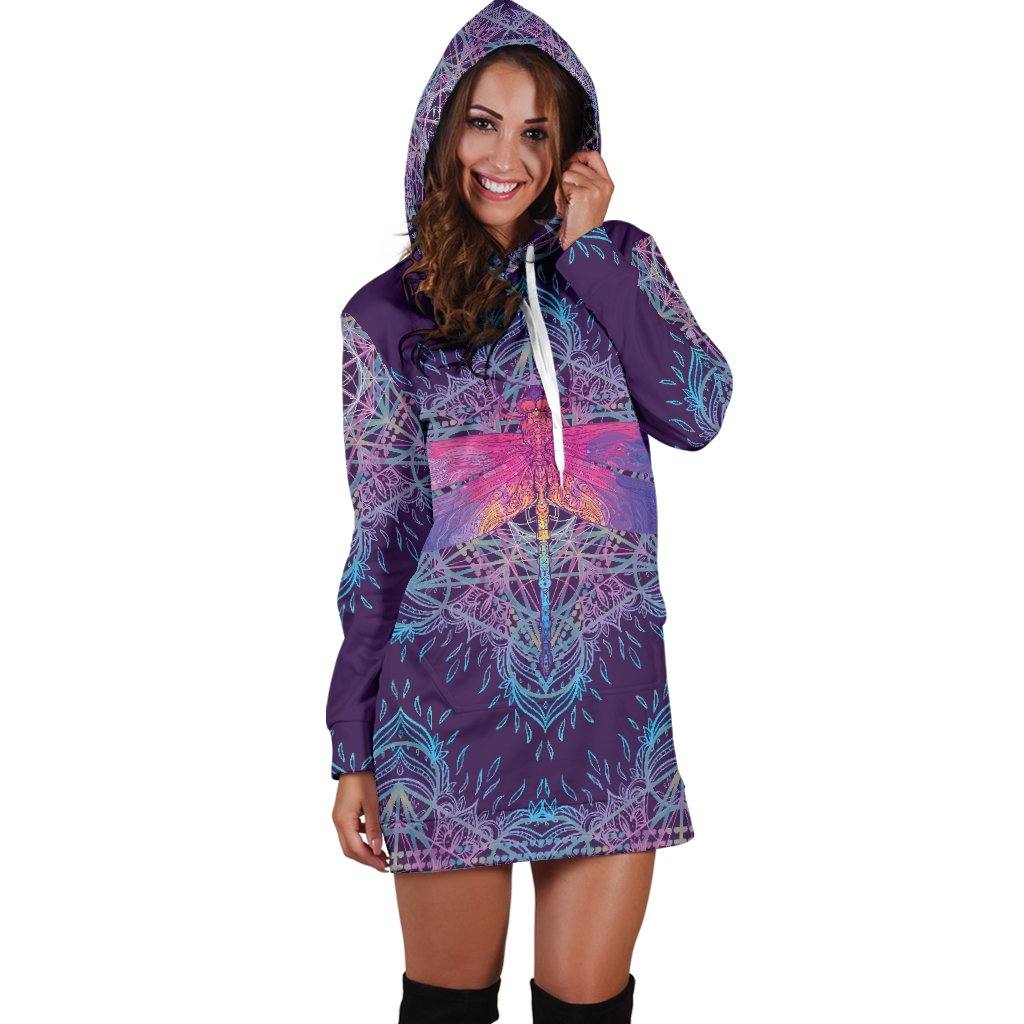 Dragonfly Mandala Hoodie Dress | Longline Hoodie Sweatshirt - Manifestie