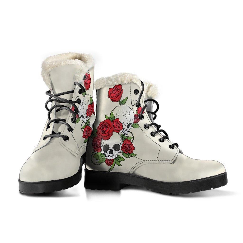Sugar Skull Roses Vegan Leather Boots With Faux Fur Lining - Manifestie