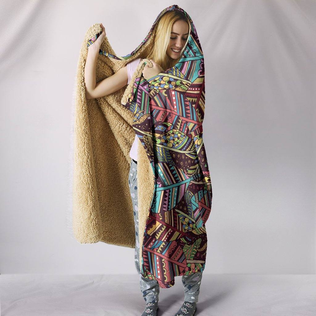 Bohemian Feathers Hooded Blanket | Plush, Premium Sherpa | Kids, Adult | Brown Blue - Manifestie