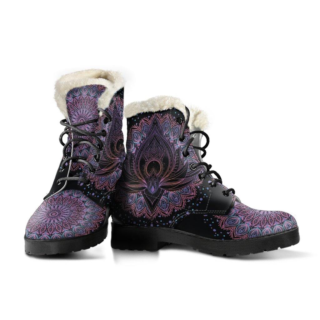Deep Purple Lotus Vegan Leather Boots With Faux Fur Lining - Manifestie