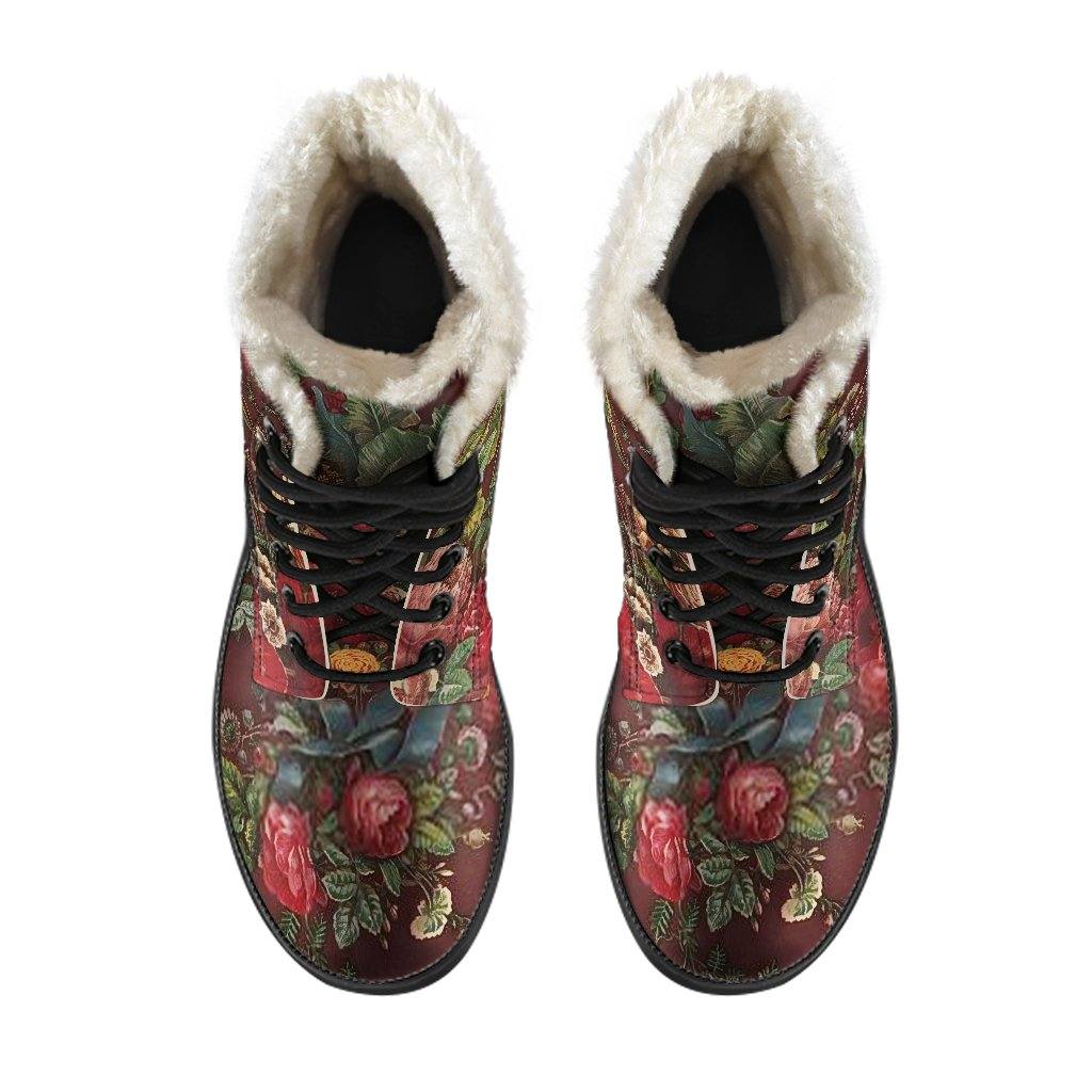 Classic Botanical Vegan Leather Boots with Faux Fur Lining - Manifestie