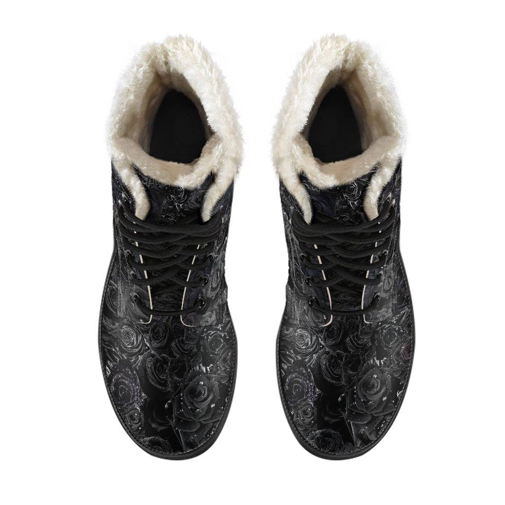 Black Roses Dew Drops Vegan Leather Boots with Faux Fur Lining - Manifestie