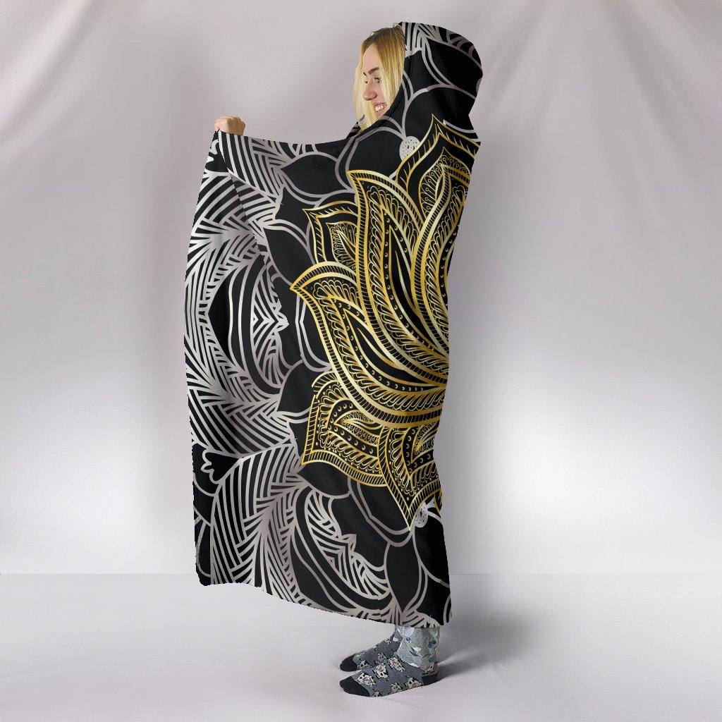 Golden Lotus Hooded Blanket | Plush, Premium Sherpa | Kids, Adult | Black - Manifestie