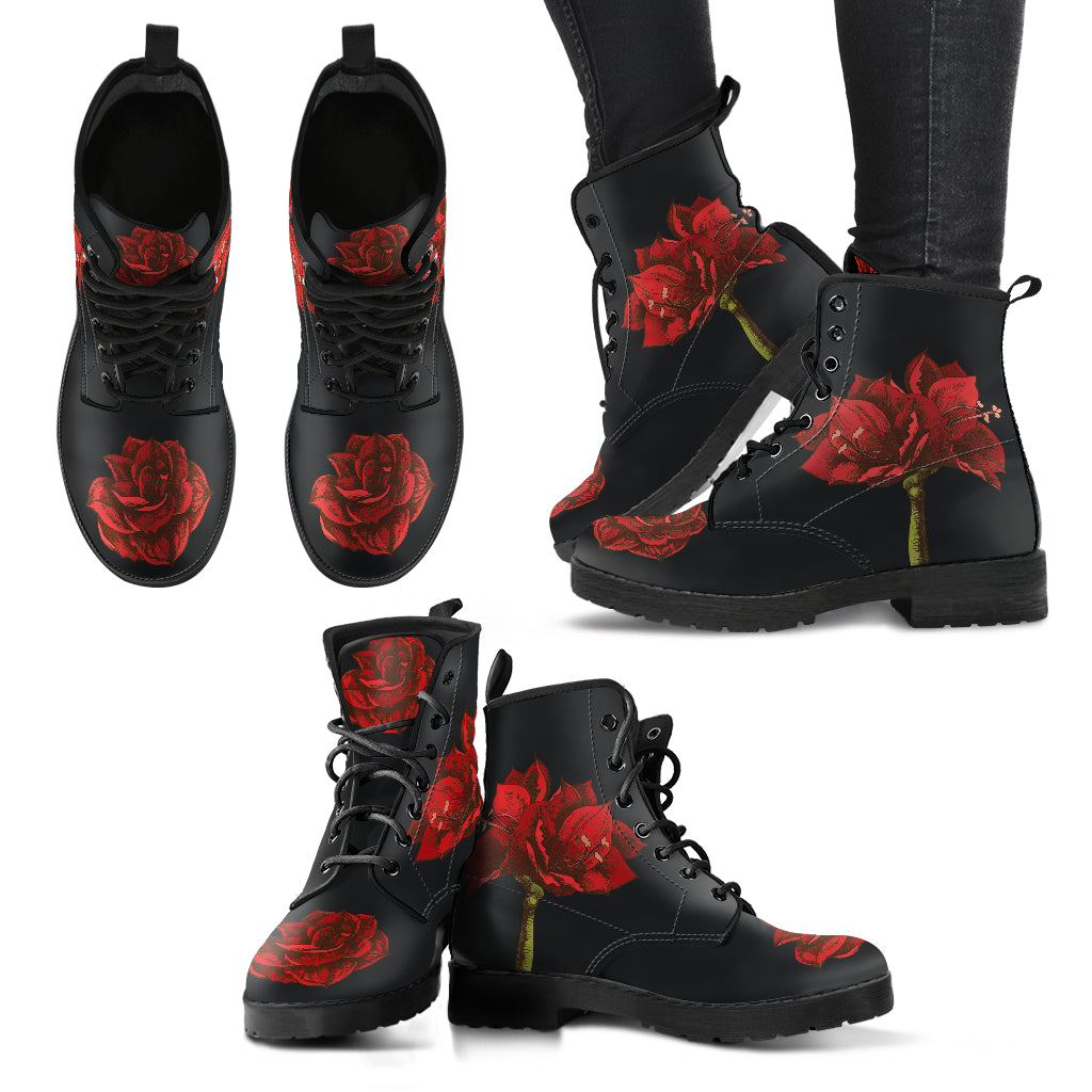Amaryllis Flower  Memory Foam Boots | All Season Lace Up Boots | Vegan Leather Combat Boot