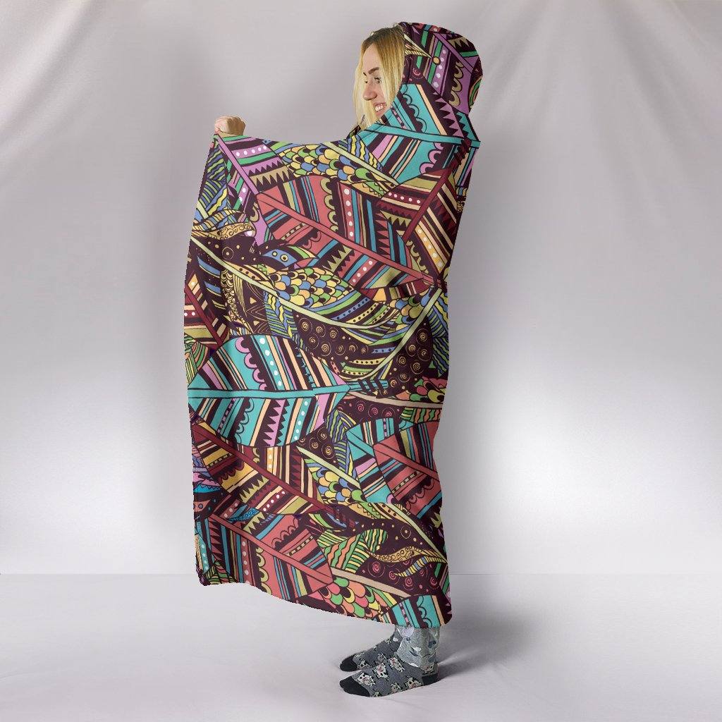 Bohemian Feathers Hooded Blanket | Plush, Premium Sherpa | Kids, Adult | Brown Blue - Manifestie