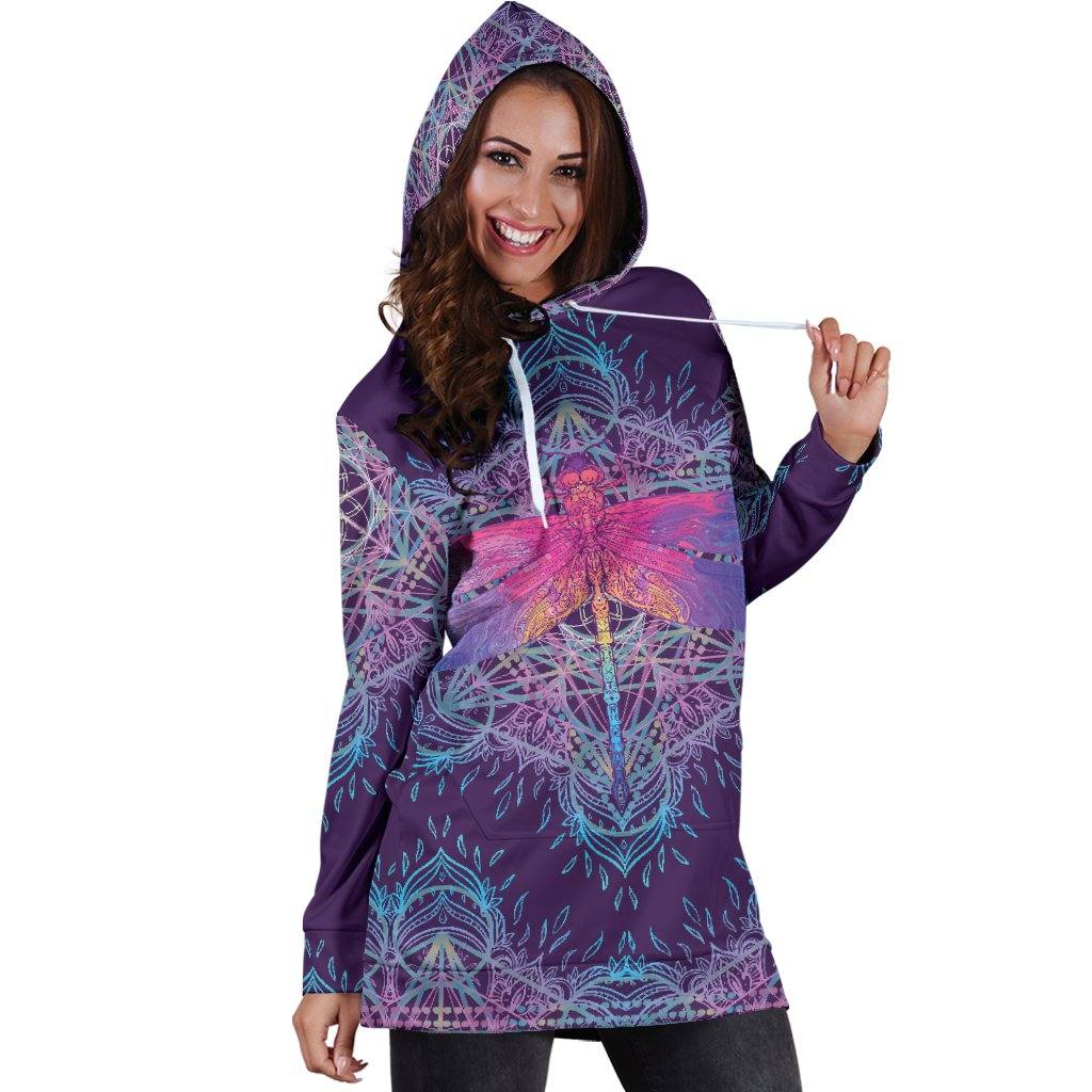 Dragonfly Mandala Hoodie Dress | Longline Hoodie Sweatshirt - Manifestie