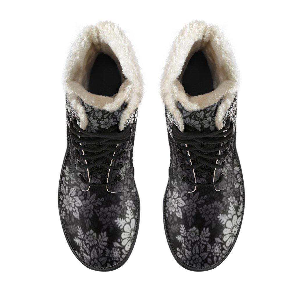 Black and White Blossoms VEGAN LEATHER BOOTS with FAUX FUR LINING - Manifestie