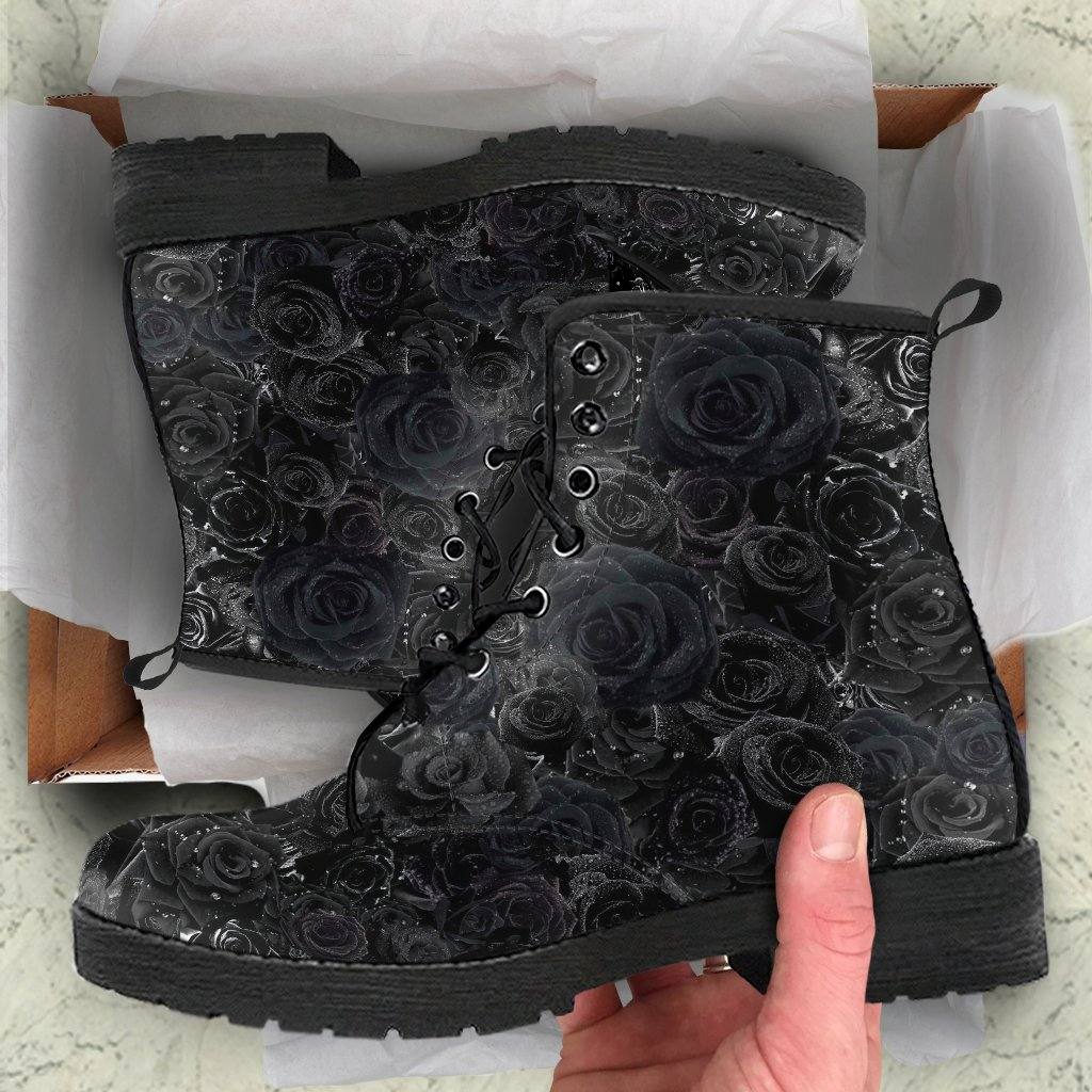 Black Roses Dew Drops Vegan Leather Boots - Manifestie