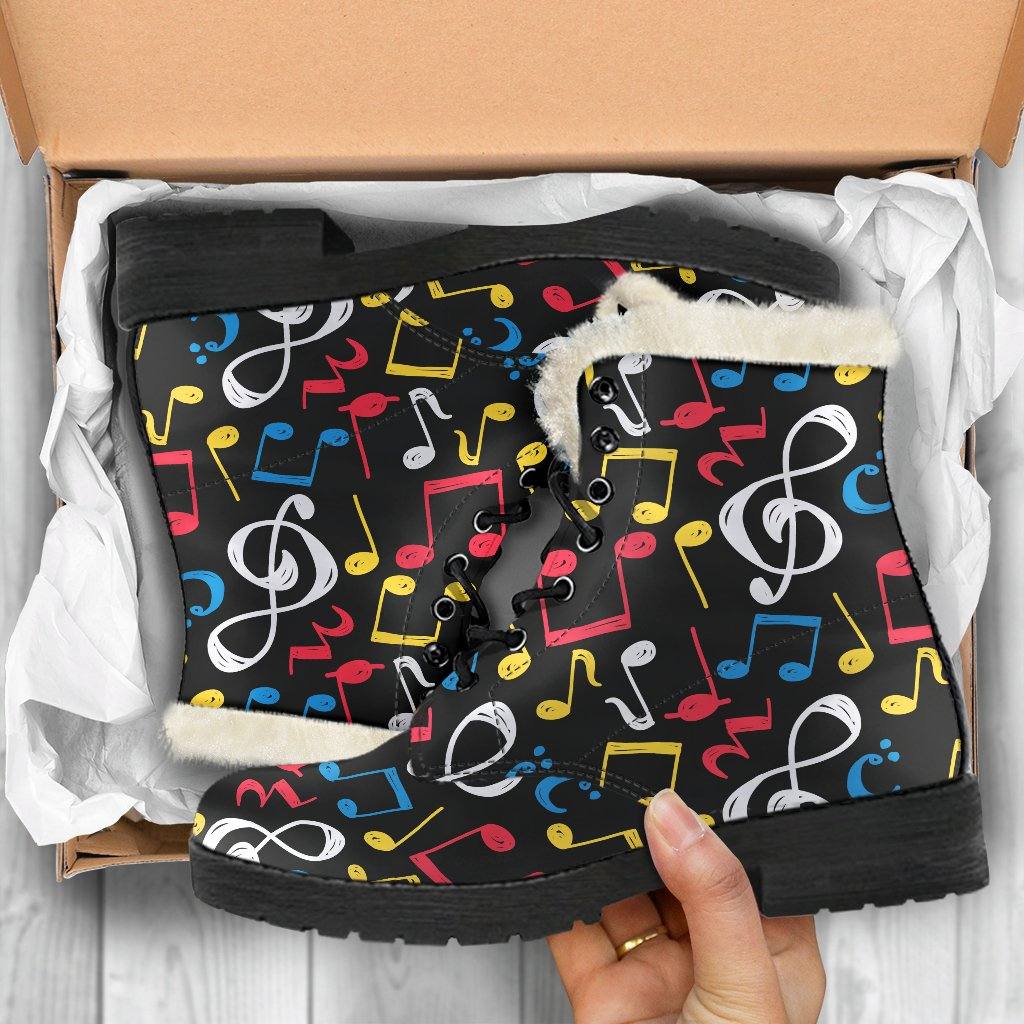 Primary Music Notes Vegan Leather Boots with Faux Fur Lining - Manifestie