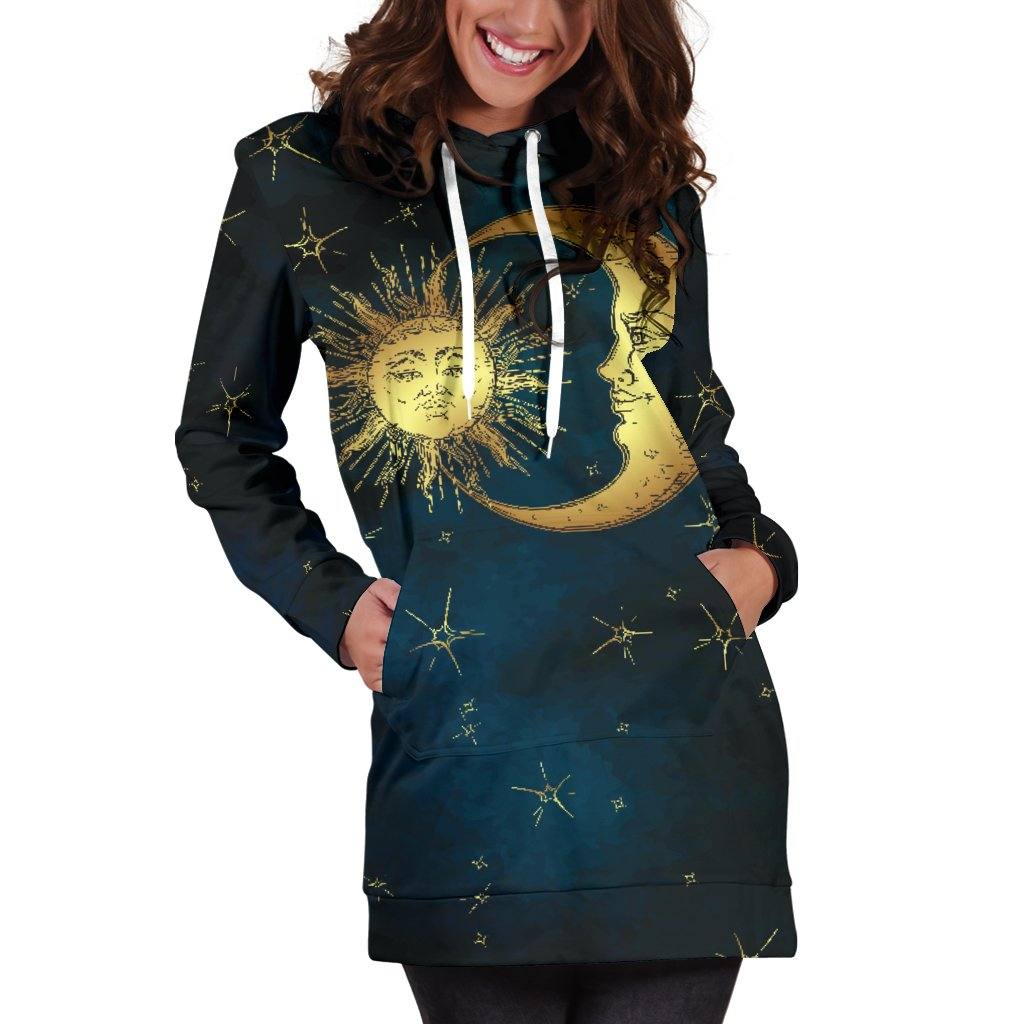 Gold Sun and Moon Hoodie Dress | Longline Hoodie Sweatshirt - Manifestie