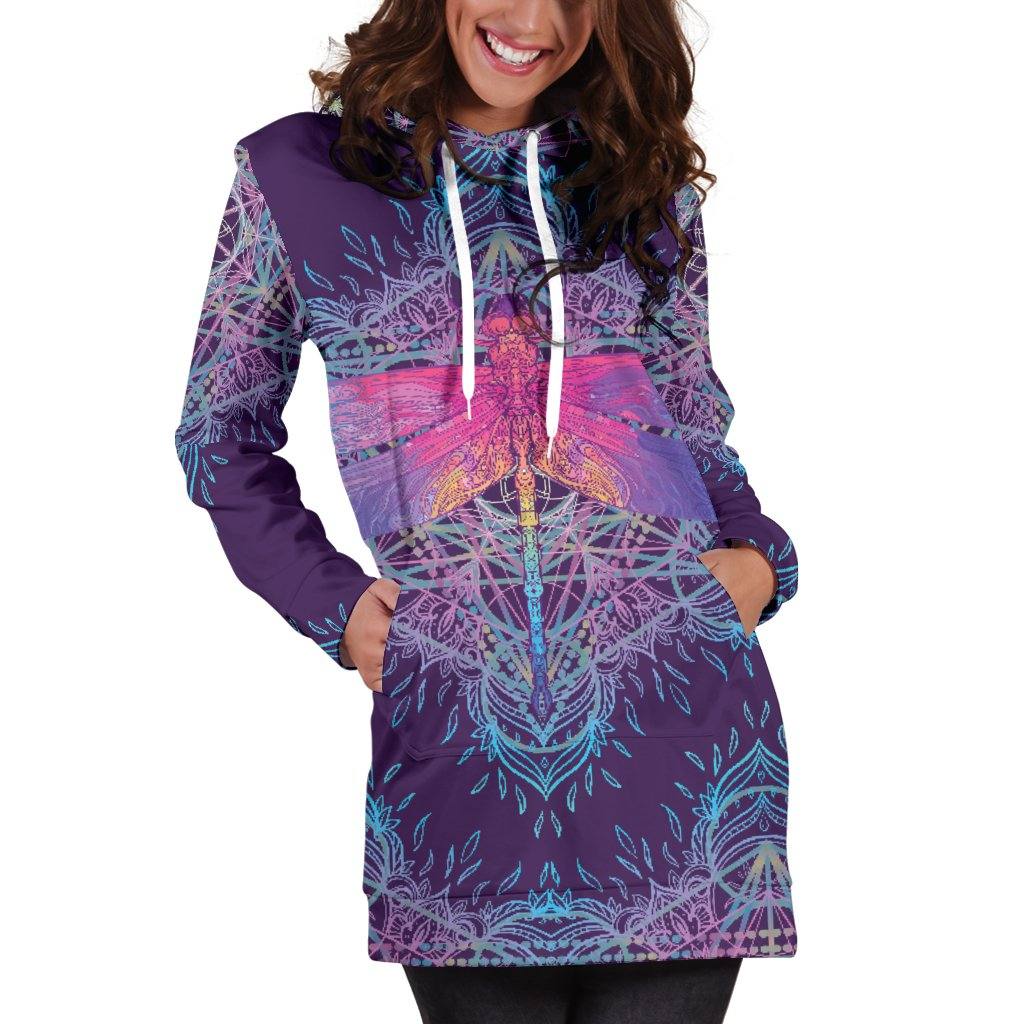 Dragonfly Mandala Hoodie Dress | Longline Hoodie Sweatshirt - Manifestie