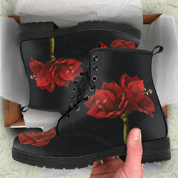 Amaryllis Flower  Memory Foam Boots | All Season Lace Up Boots | Vegan Leather Combat Boot