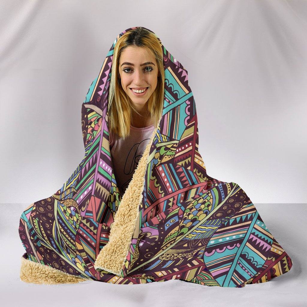Bohemian Feathers Hooded Blanket | Plush, Premium Sherpa | Kids, Adult | Brown Blue - Manifestie