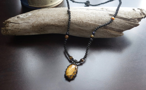 Tiger Eye Macrame Necklace | Stone for Protection | Unisex Healing Crystal | Micro Macrame
