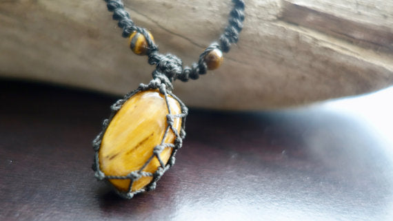 Tiger Eye Macrame Necklace | Stone for Protection | Unisex Healing Crystal | Micro Macrame