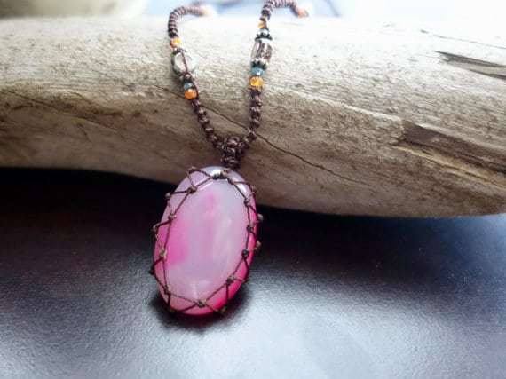 Pink Agate Macrame Necklace | Stone of Protection | Micro-Macrame | Unisex, Healing Crystal Jewelry - Manifestie