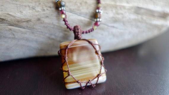 Chalcedony Macrame Necklace | Stone of Harmony | Micro-Macrame | Unisex, Healing Crystal Jewelry Agate - Manifestie