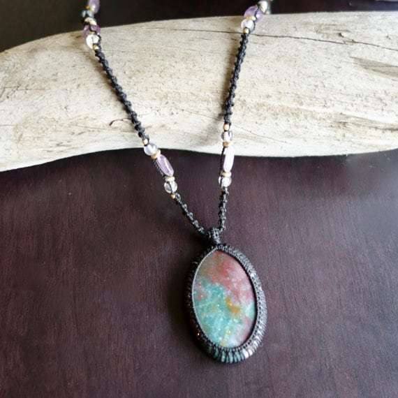 Long Fancy Jasper Macrame Necklace | Stone of Relaxation | Unisex, Healing Crystal Jewelry - Manifestie