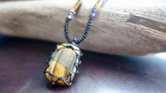 Tiger Eye Macrame Necklace | Stone for Protection | Unisex Healing Crystal | Micro Macrame - Manifestie