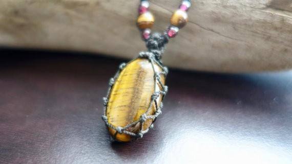 Tiger Eye Macrame Necklace | Stone for Protection | Unisex Healing Crystal | Micro Macrame - Manifestie